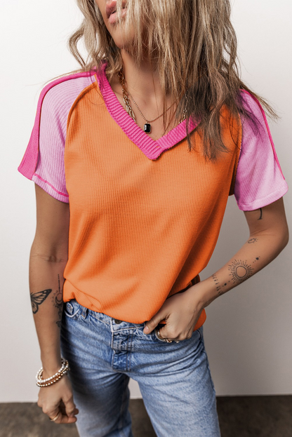 Orange Exposed Seam Colorblock V-neck