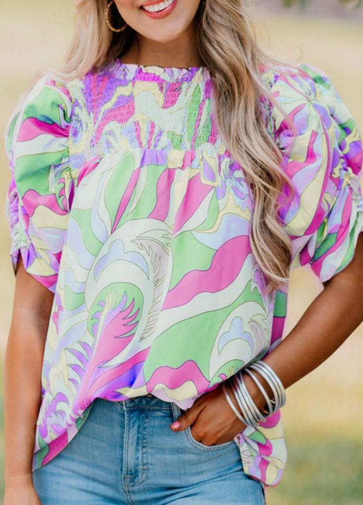 Green Abstract Print Bubble Sleeve Top