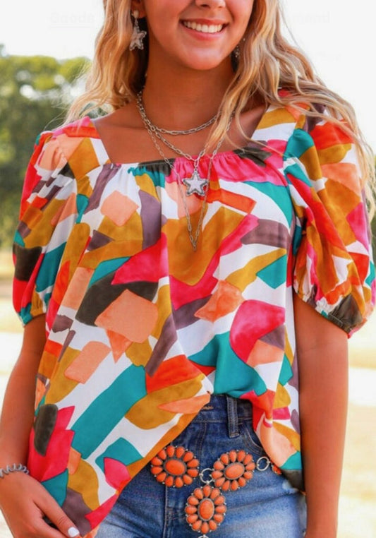 Multicolor Square Neck Abstract print top