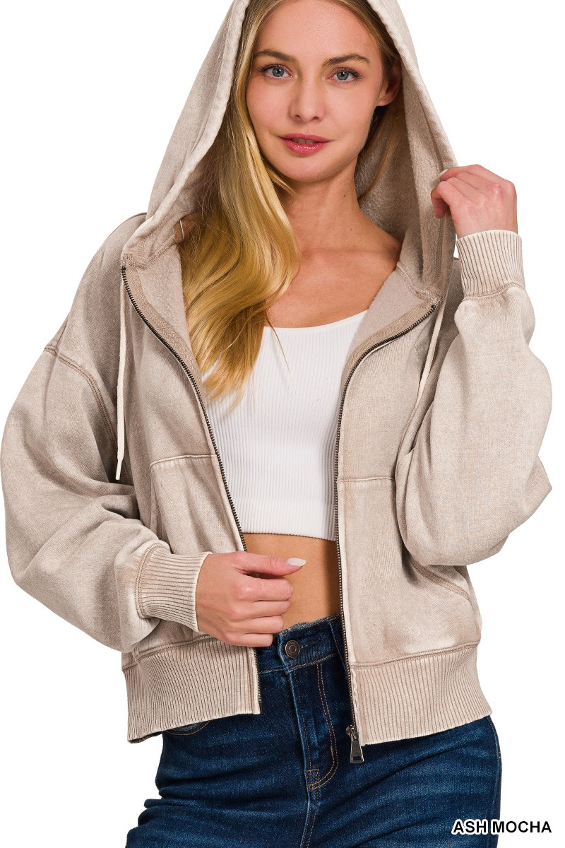 Acid wash fleece cropped zip-up hoodie w/pockets