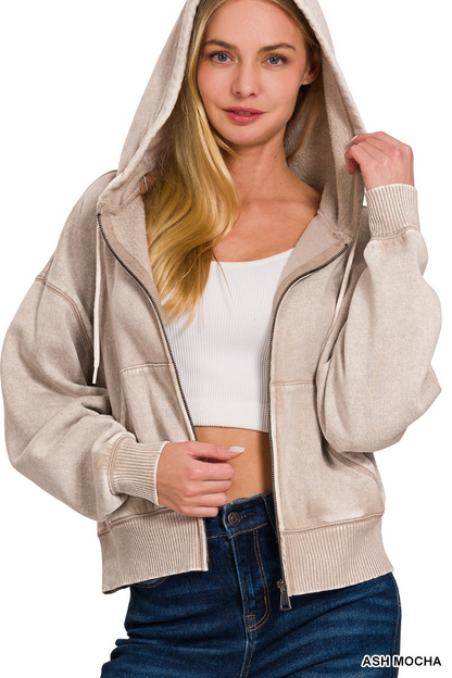 Fleece cropped zip-up hoodie w/pockets