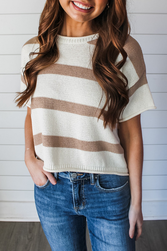 Khaki Stripped Dropped Shoulder Sweater