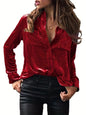 Solid color Velvet Dual Pockets Shirt, Button Down Long Sleeve Shirt