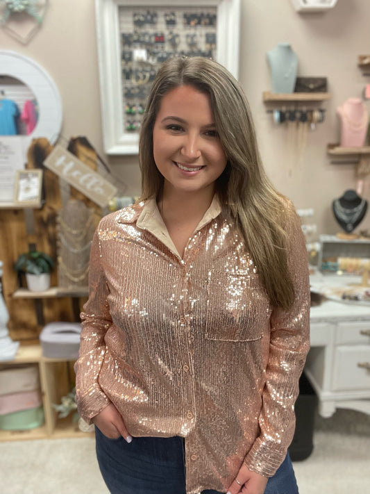 Sequin Collard Long Sleeve Top with Side Chest Pocket