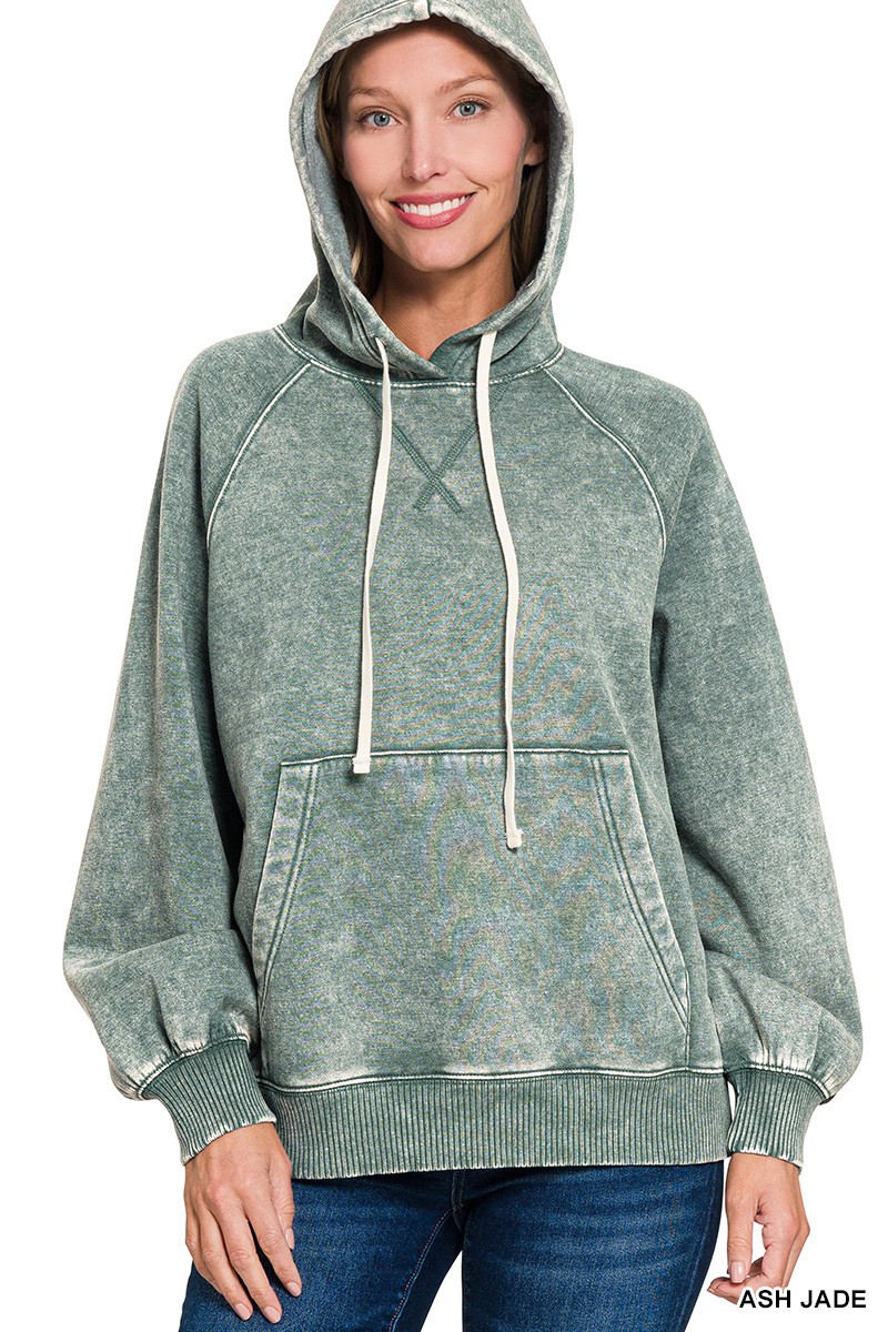 Acid Washed Fleece Hoodie with Pockets