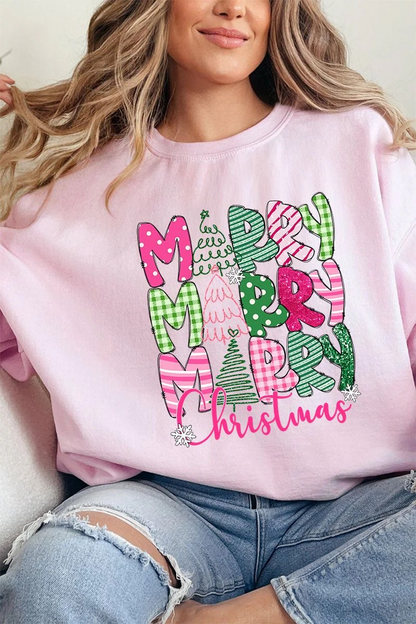 Green And Pink Merry Christmas Unisex Crew Sweatshirt