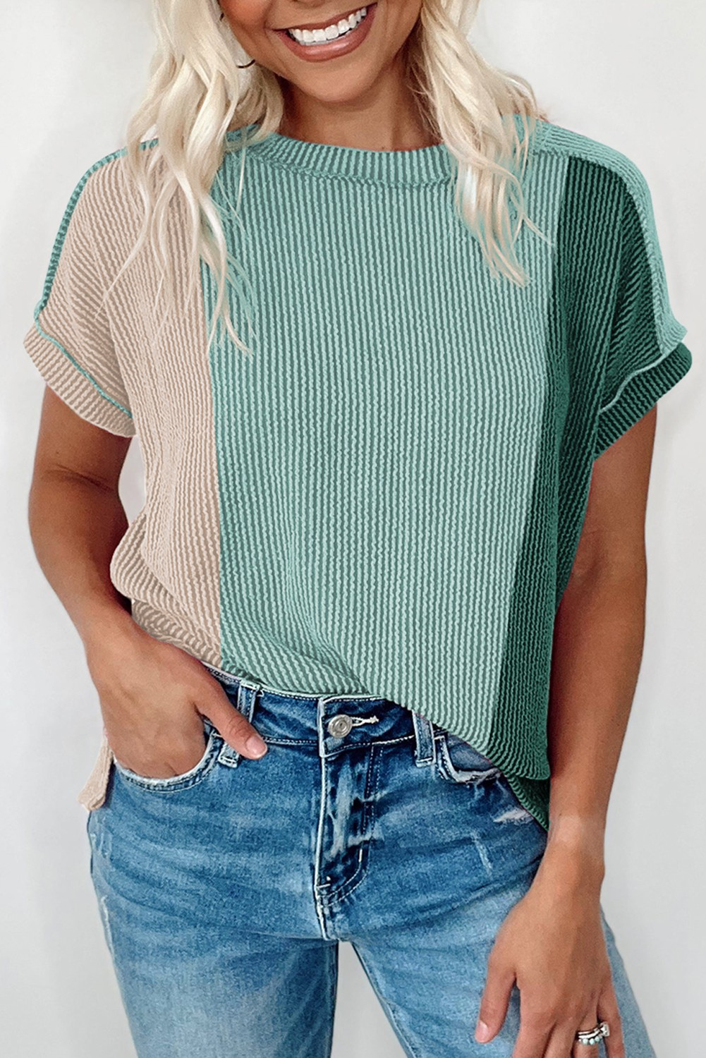 Mint Green Textured Colorblock Crew Neck