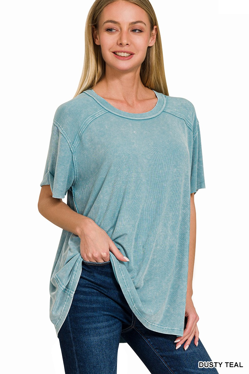 Washed Ribbed Short Sleeve Boat-Neck top