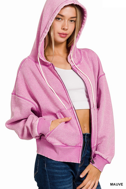 Fleece cropped zip-up hoodie w/pockets