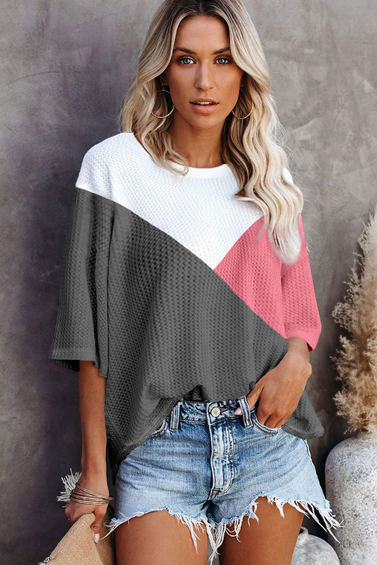 Strawberry Pink Colorblock Waffle Knit Half Sleeve Top